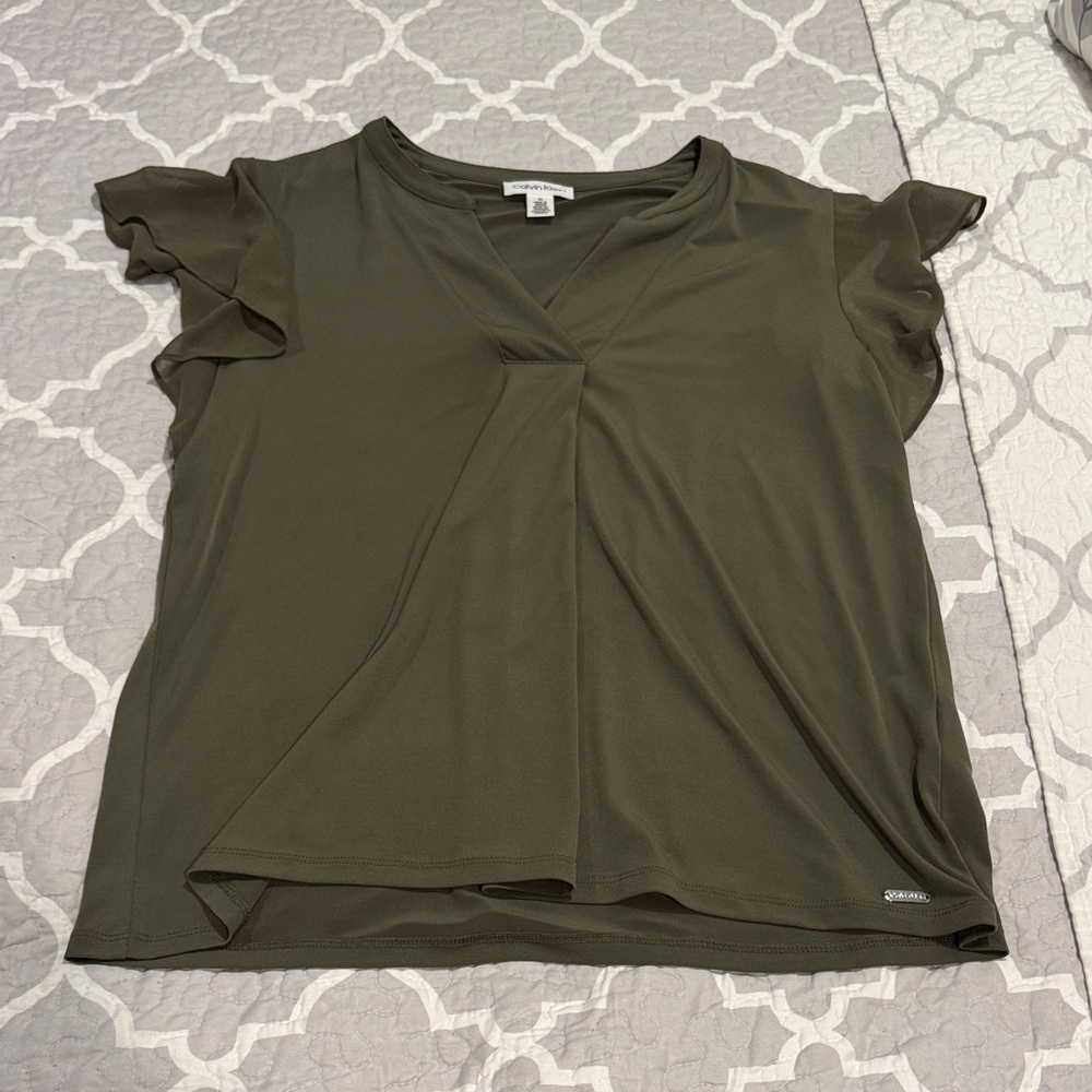 Calvin Klein Olive Flutter Sleeve Blouse